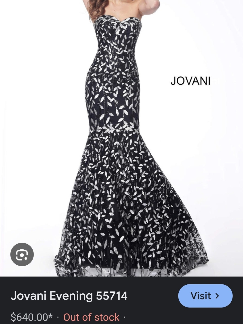 Jovani Black and White Strapless Leaf-Print Mermaid Gown